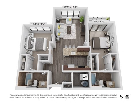 Floor plan for 2 beds, 2 baths, 965 sqft
